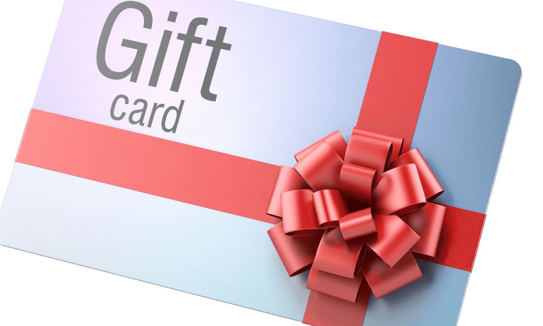 gray gift card with big red bow - gift cards are number one fraud method