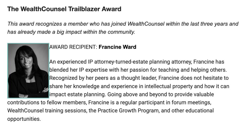 wealth counsel trailblazer award francine ward